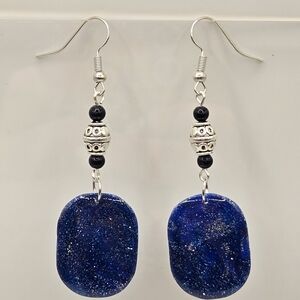 #B357- Navy and Silver Artisan Earrings- Sandstone Beads